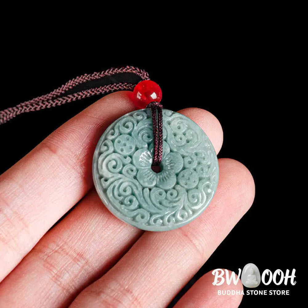Buddha Stones Green Jade Flower Carved Peace Buckle Abundance Necklace Pendant - BWOOOH - Jade(Prosperity♥Abundance)
