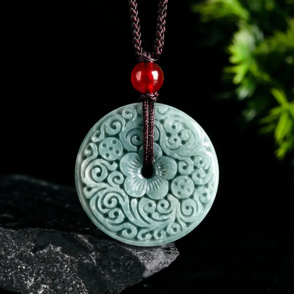 BWOOOH Green Jade Flower Carved Peace Buckle Abundance Necklace Pendant
