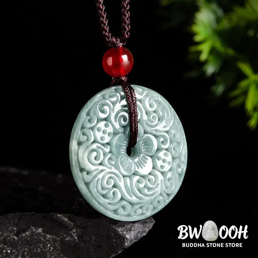 Buddha Stones Green Jade Flower Carved Peace Buckle Abundance Necklace Pendant - BWOOOH - Jade(Prosperity♥Abundance)