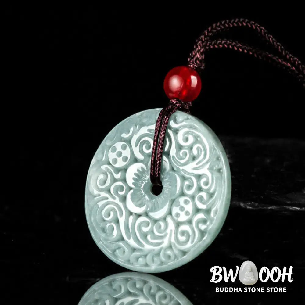 Buddha Stones Green Jade Flower Carved Peace Buckle Abundance Necklace Pendant - BWOOOH - Jade(Prosperity♥Abundance)