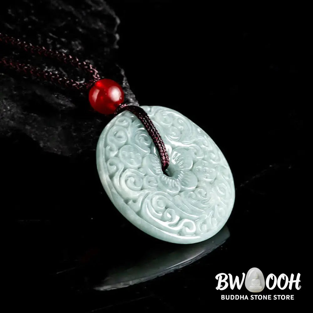 Buddha Stones Green Jade Flower Carved Peace Buckle Abundance Necklace Pendant - BWOOOH - Jade(Prosperity♥Abundance)