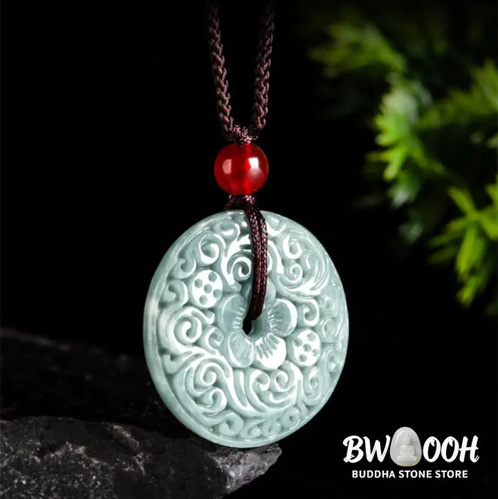 Buddha Stones Green Jade Flower Carved Peace Buckle Abundance Necklace Pendant - BWOOOH - Jade(Prosperity♥Abundance)