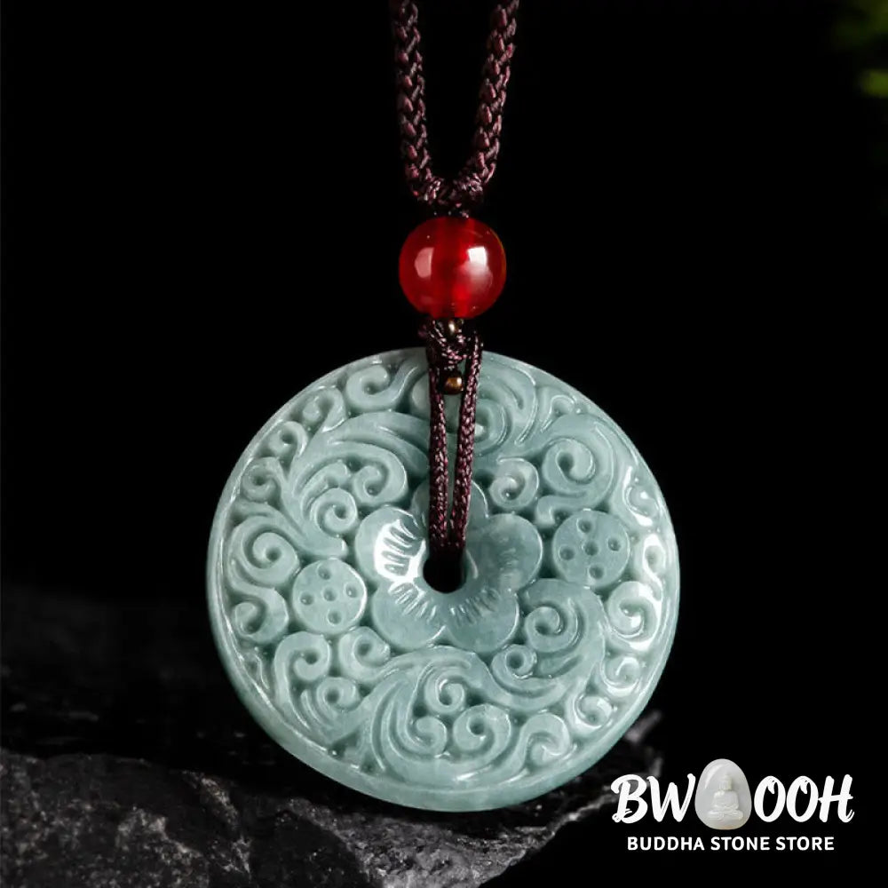 Buddha Stones Green Jade Flower Carved Peace Buckle Abundance Necklace Pendant - BWOOOH - Jade(Prosperity♥Abundance)