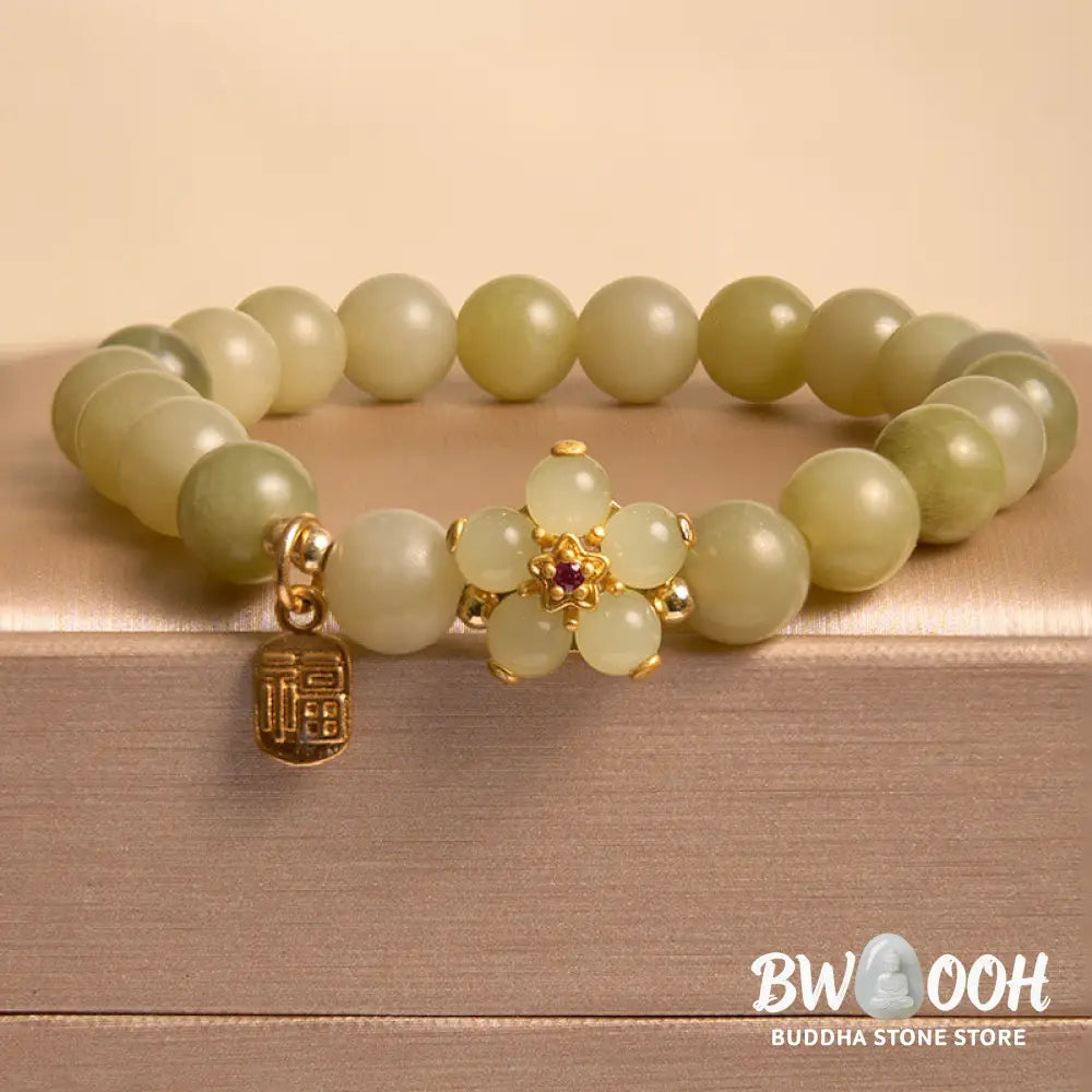 Buddha Stones Green Jade Flower Fu Character Charm Luck Bracelet - BWOOOH - Jade(Wrist Circumference 14-16cm) - Bracelet