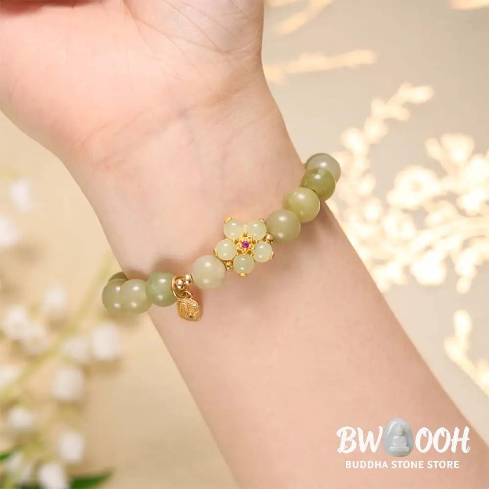 Buddha Stones Green Jade Flower Fu Character Charm Luck Bracelet - BWOOOH - Jade(Wrist Circumference 14-16cm) - Bracelet