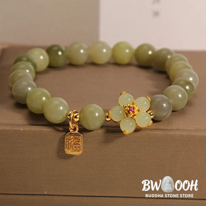 Buddha Stones Green Jade Flower Fu Character Charm Luck Bracelet - BWOOOH - Jade(Wrist Circumference 14-16cm) - Bracelet