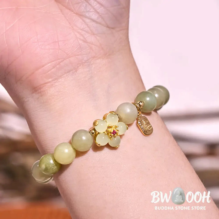 Buddha Stones Green Jade Flower Fu Character Charm Luck Bracelet - BWOOOH - Jade(Wrist Circumference 14-16cm) - Bracelet