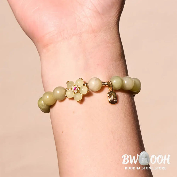 Buddha Stones Green Jade Flower Fu Character Charm Luck Bracelet - BWOOOH - Jade(Wrist Circumference 14-16cm) - Bracelet
