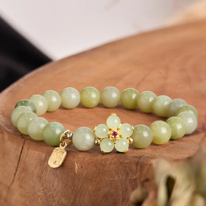 BWOOOH Green Jade Flower Fu Character Charm Luck Bracelet — Jade jade bracelet for spiritual healing and mindful living