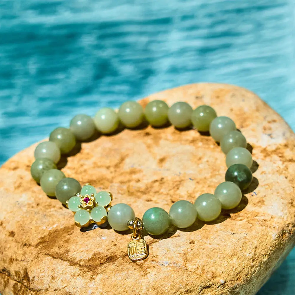 BWOOOH Green Jade Flower Fu Character Charm Luck Bracelet — Jade jade bracelet for spiritual healing and mindful living