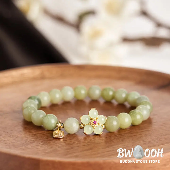 Buddha Stones Green Jade Flower Fu Character Charm Luck Bracelet - BWOOOH - Jade(Wrist Circumference 14-16cm) - Bracelet