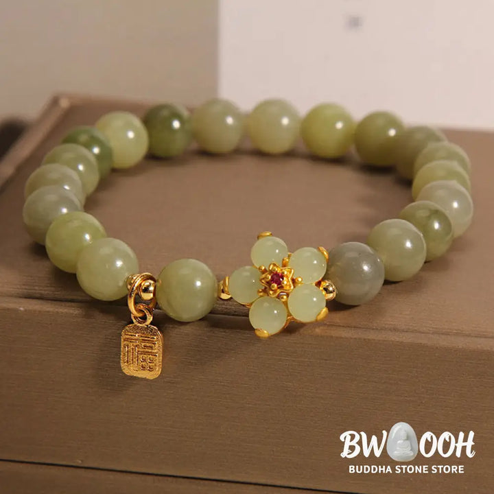 Buddha Stones Green Jade Flower Fu Character Charm Luck Bracelet - BWOOOH - Jade(Wrist Circumference 14-16cm) - Bracelet