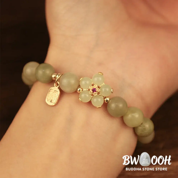 Buddha Stones Green Jade Flower Fu Character Charm Luck Bracelet - BWOOOH - Jade(Wrist Circumference 14-16cm) - Bracelet