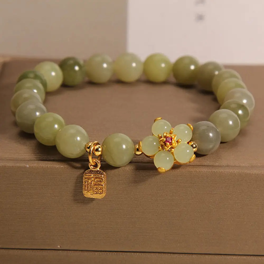 Buddha Stones Green Jade Flower Fu Character Charm Luck Bracelet - BWOOOH - Jade(Wrist Circumference 14-16cm) - Bracelet