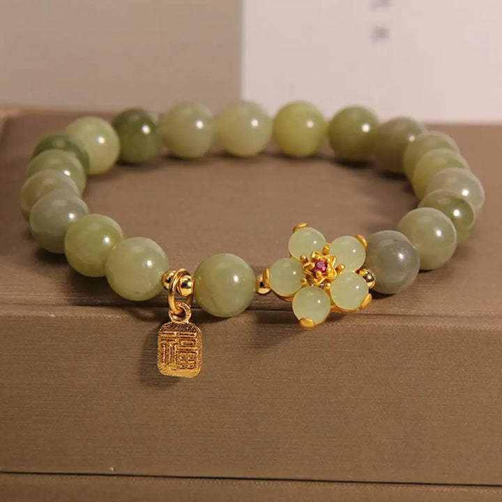 Buddha Stones Green Jade Flower Fu Character Charm Luck Bracelet - BWOOOH - Jade(Wrist Circumference 14-16cm) - Bracelet