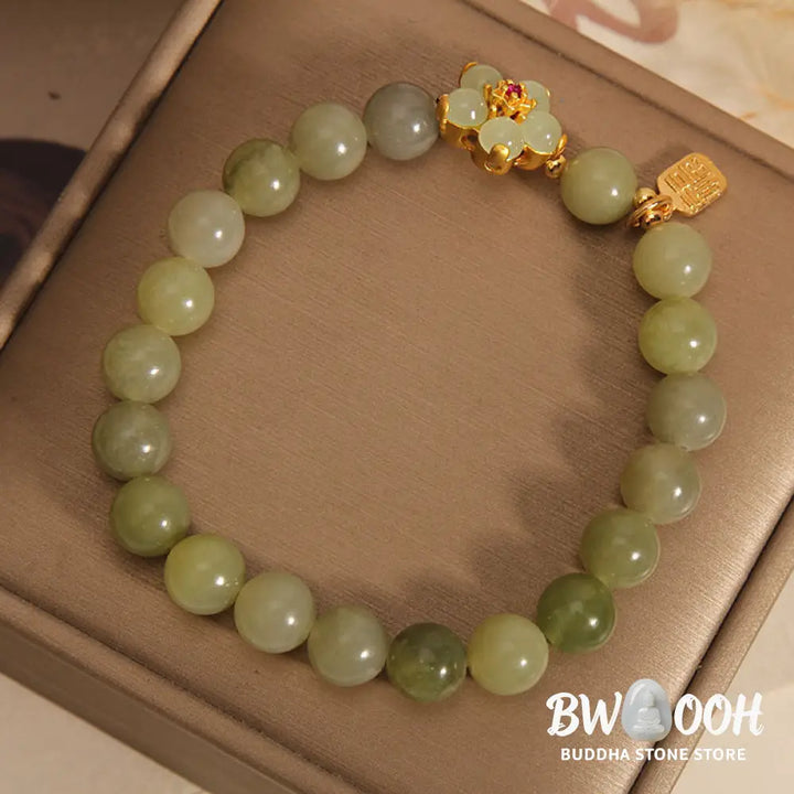 Buddha Stones Green Jade Flower Fu Character Charm Luck Bracelet - BWOOOH - Jade(Wrist Circumference 14-16cm) - Bracelet