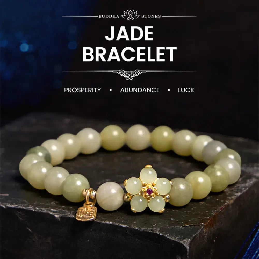 BWOOOH Green Jade Flower Fu Character Charm Luck Bracelet - BWOOOH - Jade(Wrist Circumference 14-16cm) - Bracelet