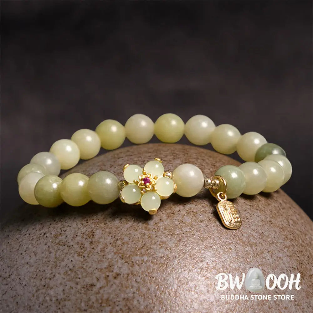 Buddha Stones Green Jade Flower Fu Character Charm Luck Bracelet - BWOOOH - Jade(Wrist Circumference 14-16cm) - Bracelet