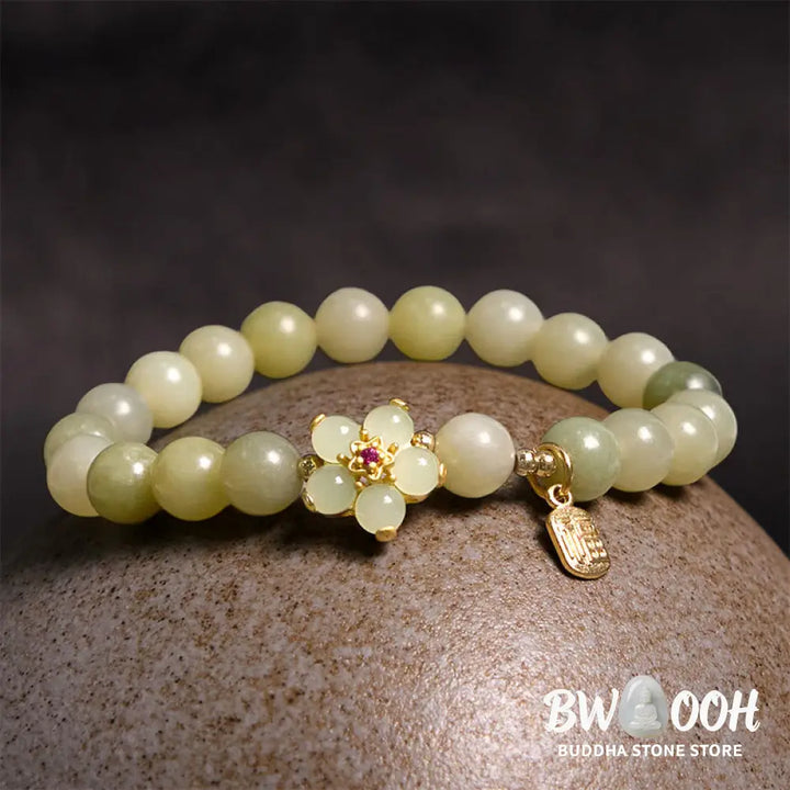 Buddha Stones Green Jade Flower Fu Character Charm Luck Bracelet - BWOOOH - Jade(Wrist Circumference 14-16cm) - Bracelet