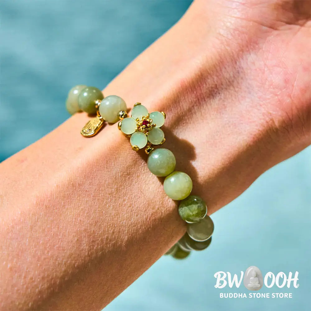Buddha Stones Green Jade Flower Fu Character Charm Luck Bracelet - BWOOOH - Jade(Wrist Circumference 14-16cm) - Bracelet