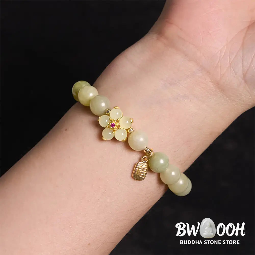 Buddha Stones Green Jade Flower Fu Character Charm Luck Bracelet - BWOOOH - Jade(Wrist Circumference 14-16cm) - Bracelet