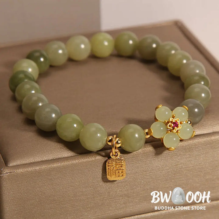 Buddha Stones Green Jade Flower Fu Character Charm Luck Bracelet - BWOOOH - Jade(Wrist Circumference 14-16cm) - Bracelet