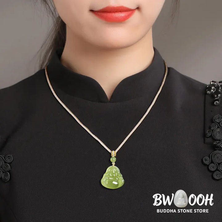 Buddha Stones Green Jade Laughing Buddha Prosperity Rope Necklace Pendant - BWOOOH - Natural Jade(Color May Vary)