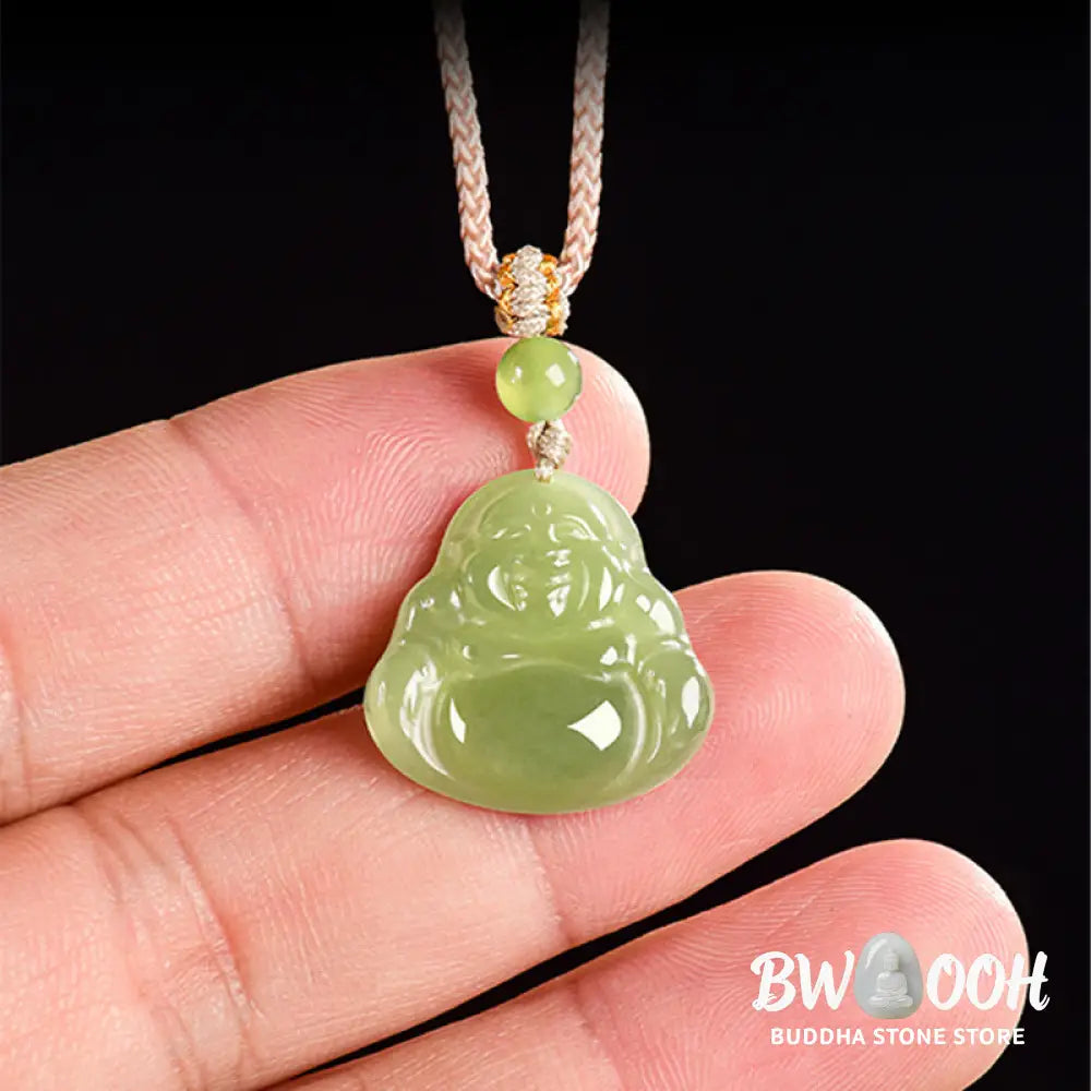 Buddha Stones Green Jade Laughing Buddha Prosperity Rope Necklace Pendant - BWOOOH - Natural Jade(Color May Vary)