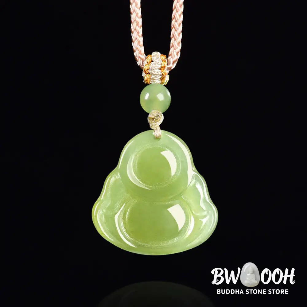 Buddha Stones Green Jade Laughing Buddha Prosperity Rope Necklace Pendant - BWOOOH - Natural Jade(Color May Vary)