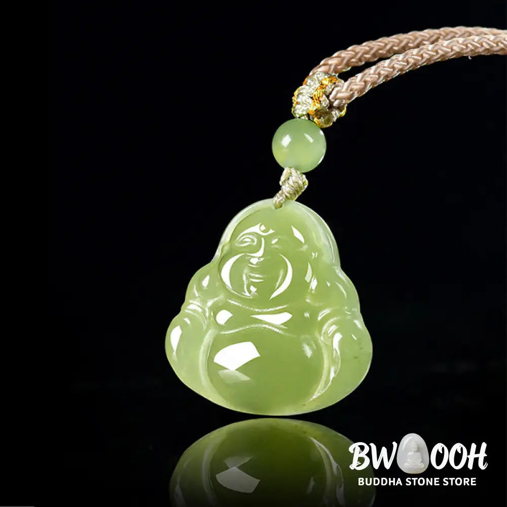 Buddha Stones Green Jade Laughing Buddha Prosperity Rope Necklace Pendant - BWOOOH - Natural Jade(Color May Vary)