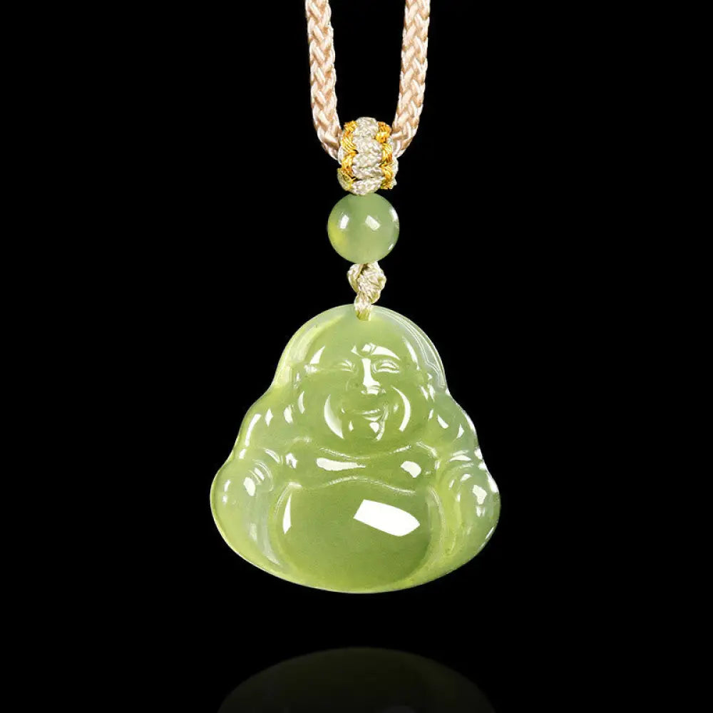 Buddha Stones Green Jade Laughing Buddha Prosperity Rope Necklace Pendant - BWOOOH - Natural Jade(Color May Vary)