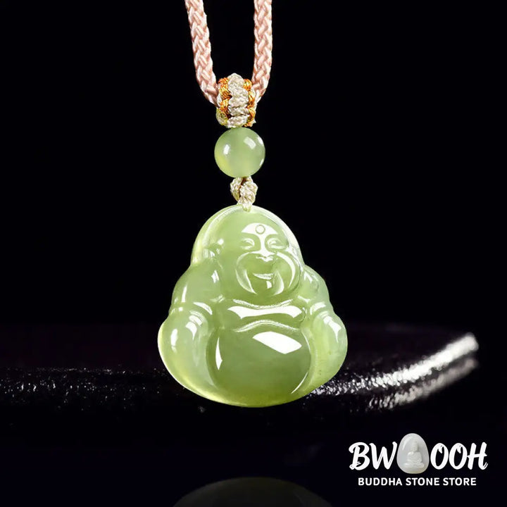 Buddha Stones Green Jade Laughing Buddha Prosperity Rope Necklace Pendant - BWOOOH - Natural Jade(Color May Vary)
