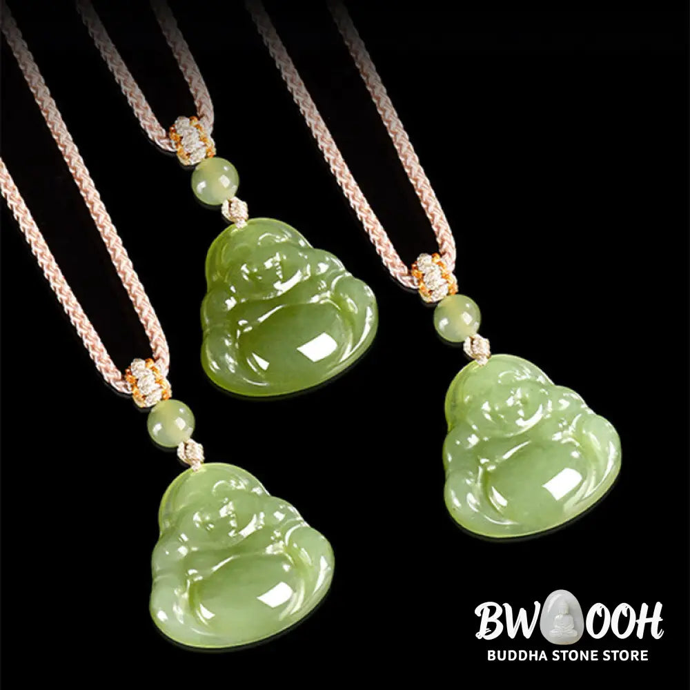 Buddha Stones Green Jade Laughing Buddha Prosperity Rope Necklace Pendant - BWOOOH - Natural Jade(Color May Vary)