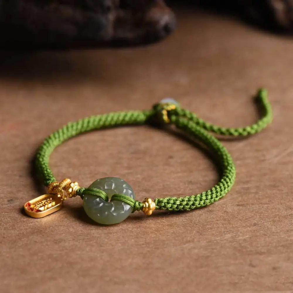 BWOOOH Green Jade Peace Buckle Green Rope Bracelet - BWOOOH - Hetian Jade(Wrist Circumference: 14-17cm)