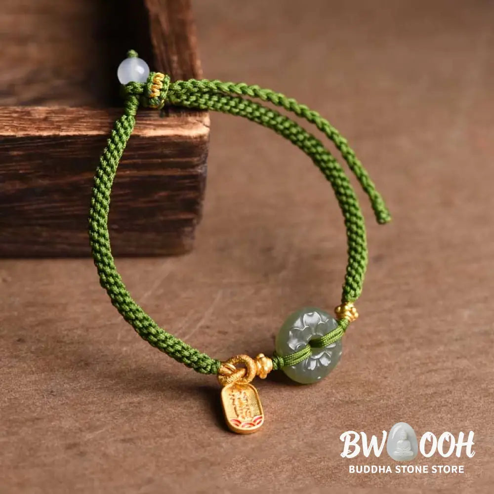 Buddha Stones Green Jade Peace Buckle Green Rope Bracelet - BWOOOH - Hetian Jade(Wrist Circumference: 14-17cm)