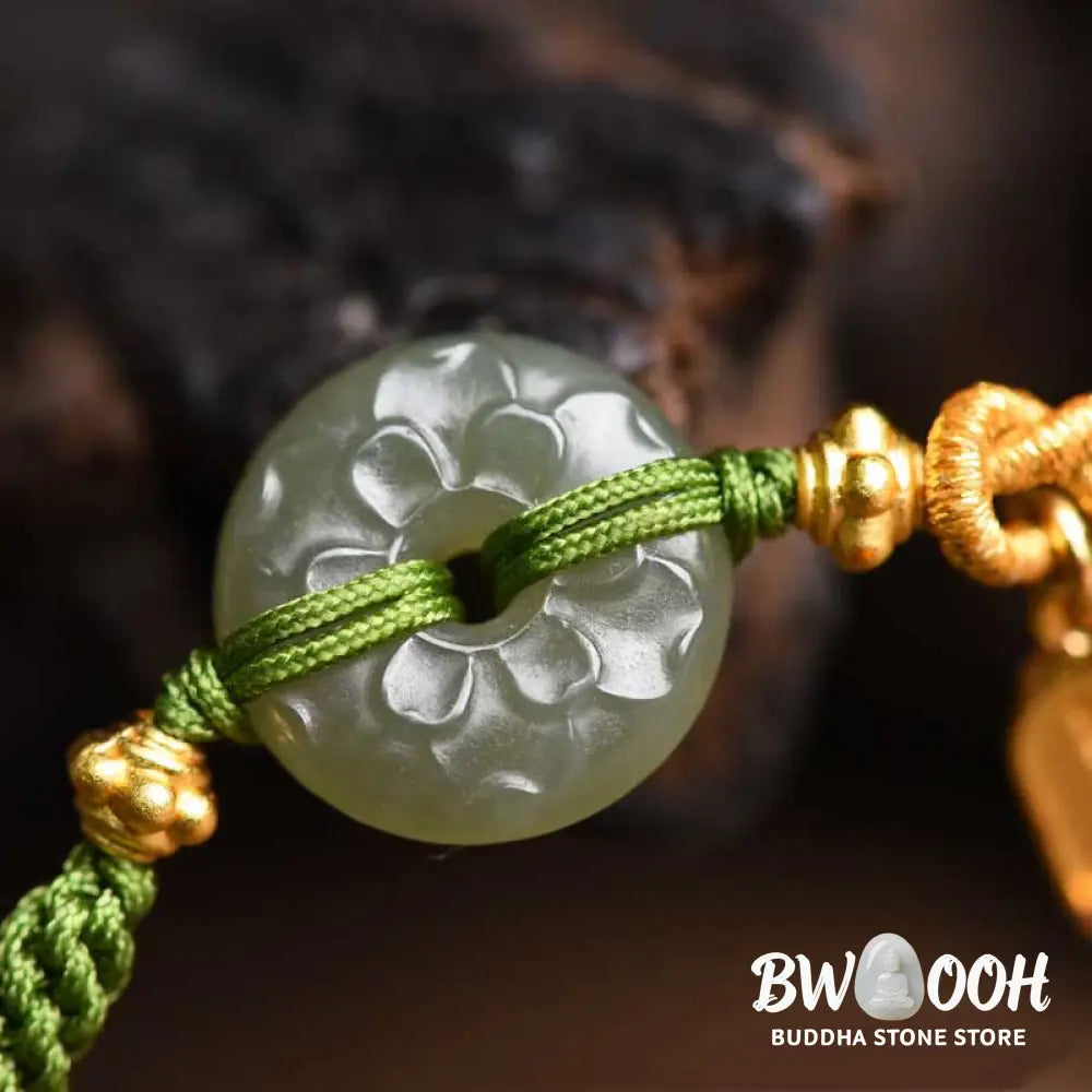 Buddha Stones Green Jade Peace Buckle Green Rope Bracelet - BWOOOH - Hetian Jade(Wrist Circumference: 14-17cm)