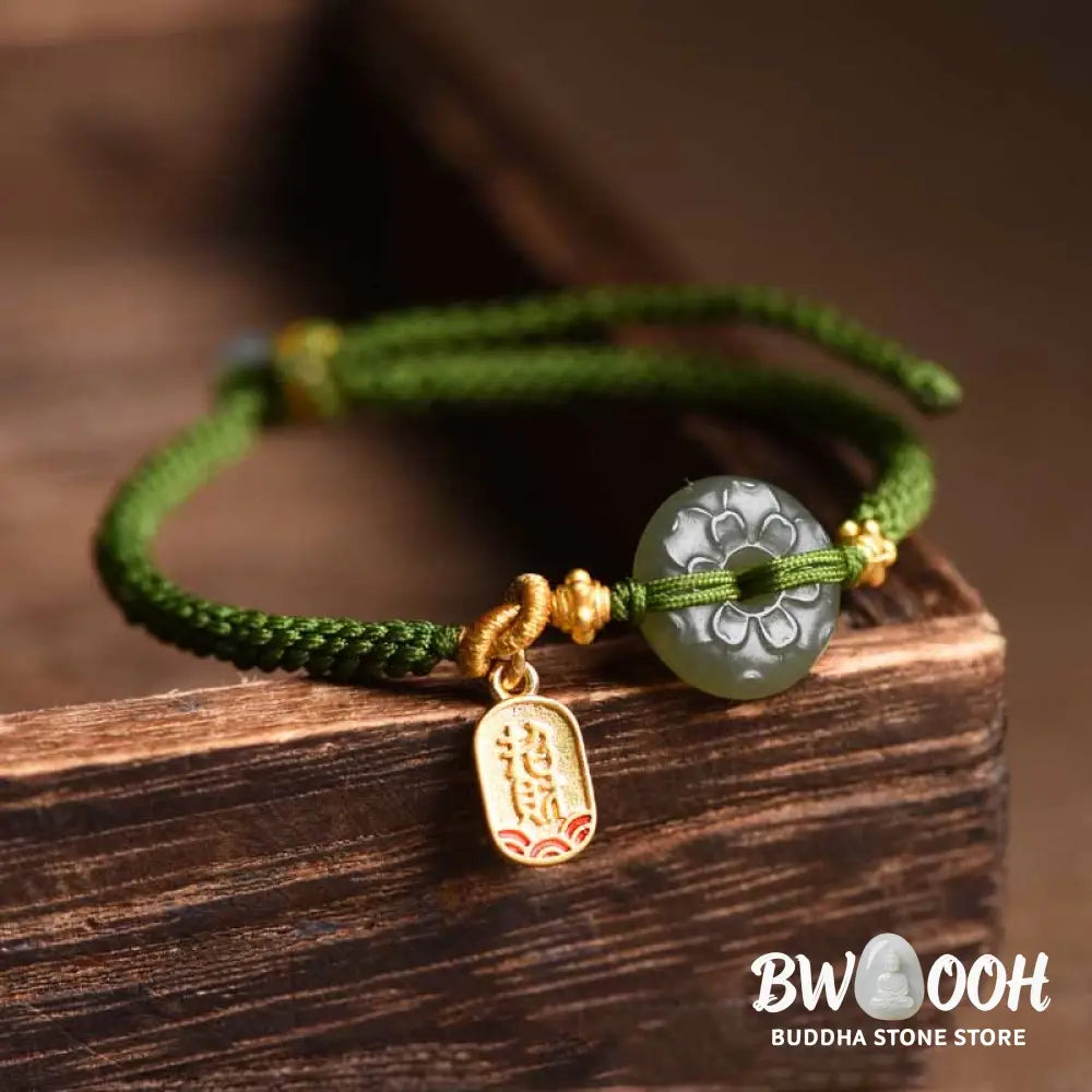 Buddha Stones Green Jade Peace Buckle Green Rope Bracelet - BWOOOH - Hetian Jade(Wrist Circumference: 14-17cm)