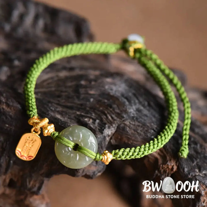 Buddha Stones Green Jade Peace Buckle Green Rope Bracelet - BWOOOH - Hetian Jade(Wrist Circumference: 14-17cm)