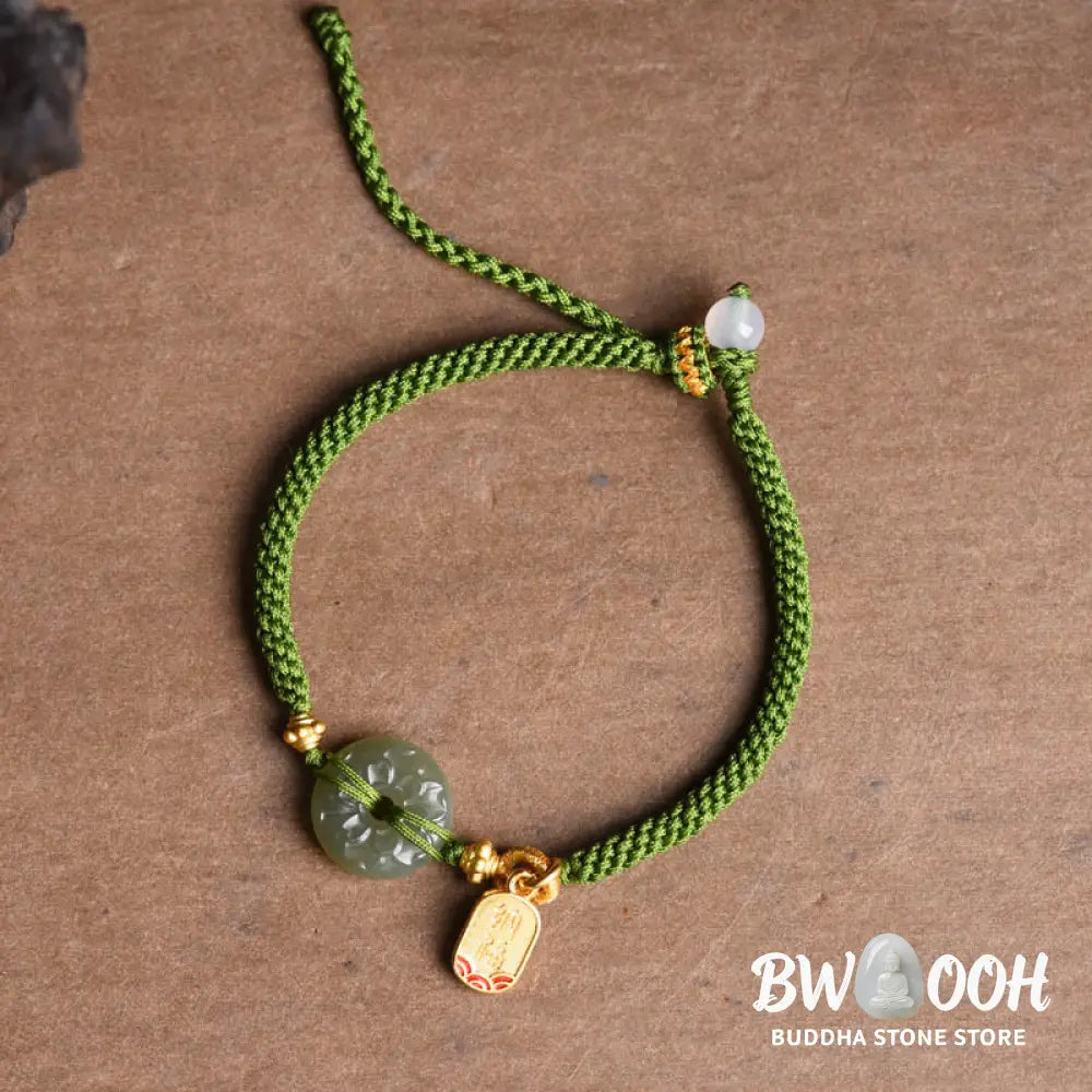 Buddha Stones Green Jade Peace Buckle Green Rope Bracelet - BWOOOH - Hetian Jade(Wrist Circumference: 14-17cm)