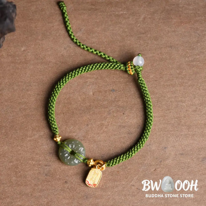 Buddha Stones Green Jade Peace Buckle Green Rope Bracelet - BWOOOH - Hetian Jade(Wrist Circumference: 14-17cm)