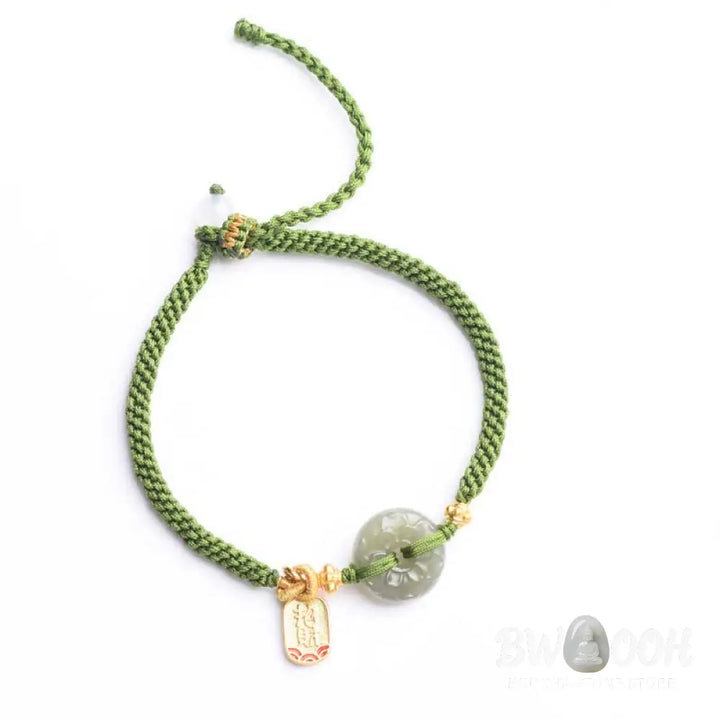 Buddha Stones Green Jade Peace Buckle Green Rope Bracelet - BWOOOH - Hetian Jade(Wrist Circumference: 14-17cm)