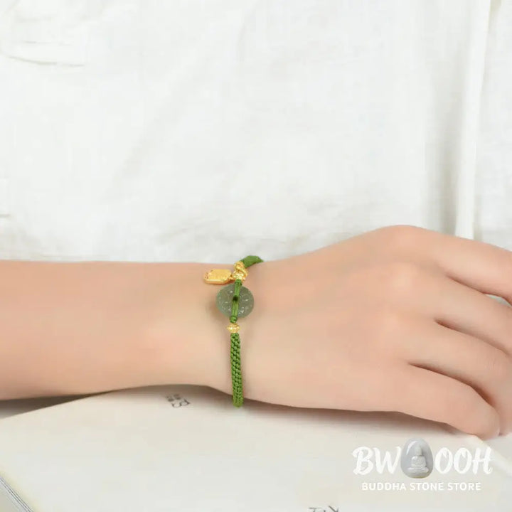 Buddha Stones Green Jade Peace Buckle Green Rope Bracelet - BWOOOH - Hetian Jade(Wrist Circumference: 14-17cm)