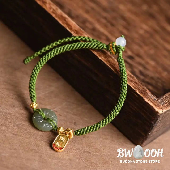 Buddha Stones Green Jade Peace Buckle Green Rope Bracelet - BWOOOH - Hetian Jade(Wrist Circumference: 14-17cm)