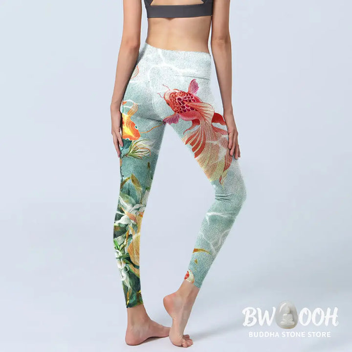 BWOOOH lotus print yoga leggings - Green Koi Fish White Lotus Water Ripples