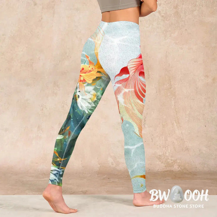 BWOOOH lotus print yoga leggings - Green Koi Fish White Lotus Water Ripples