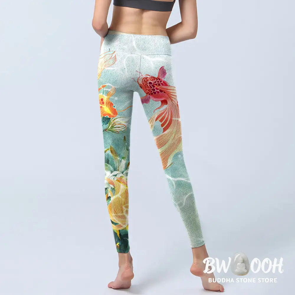 BWOOOH lotus print yoga leggings - Green Koi Fish White Lotus Water Ripples