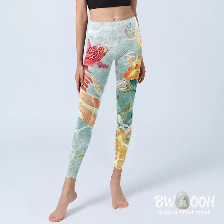 BWOOOH lotus print yoga leggings - Green Koi Fish White Lotus Water Ripples