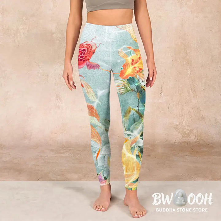 BWOOOH lotus print yoga leggings - Green Koi Fish White Lotus Water Ripples