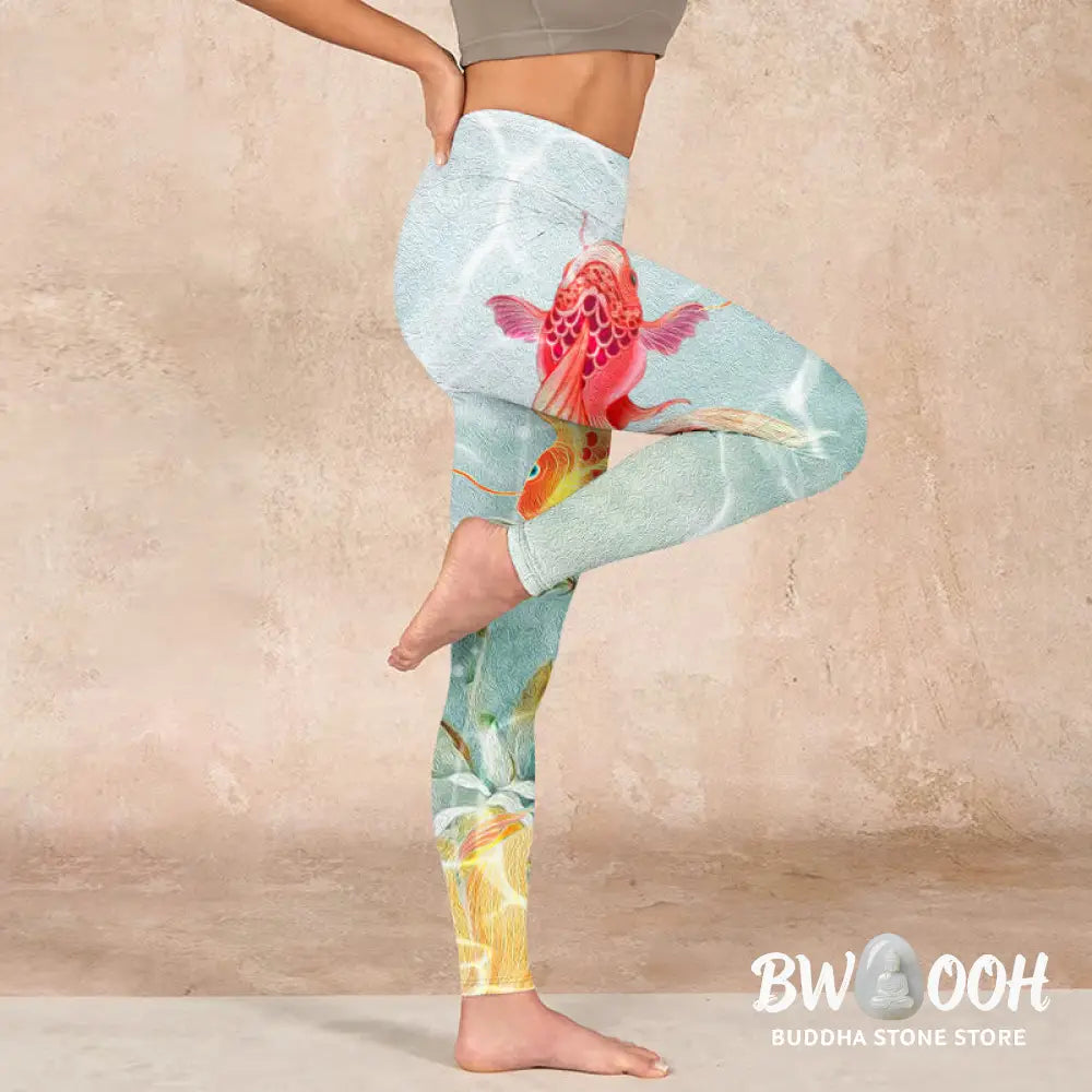 BWOOOH lotus print yoga leggings - Green Koi Fish White Lotus Water Ripples