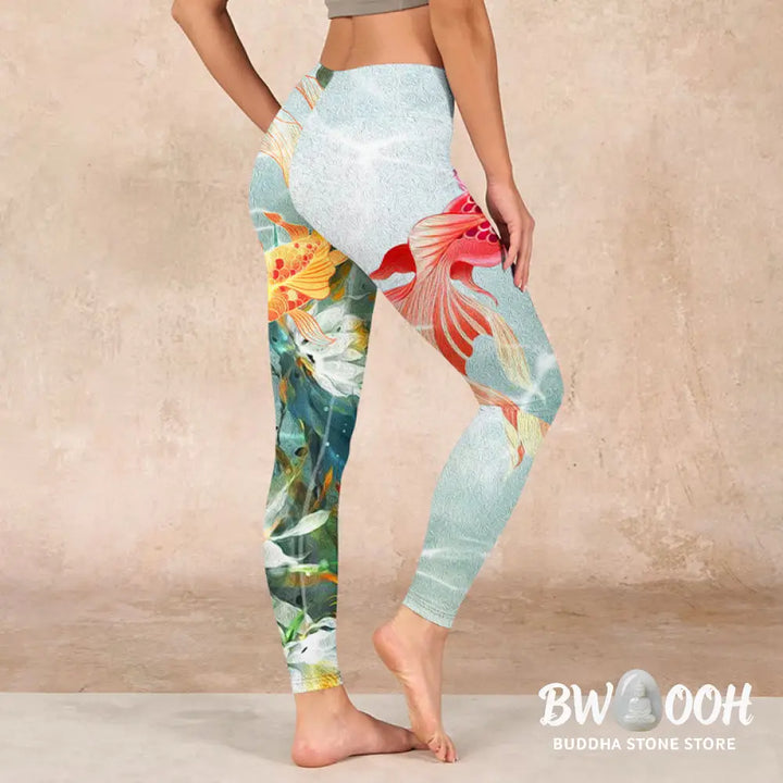 BWOOOH lotus print yoga leggings - Green Koi Fish White Lotus Water Ripples